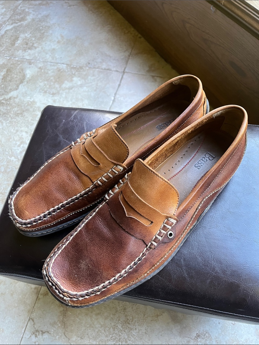 Bass Two-Tone Tan and Brown Leather Penny Loafers
